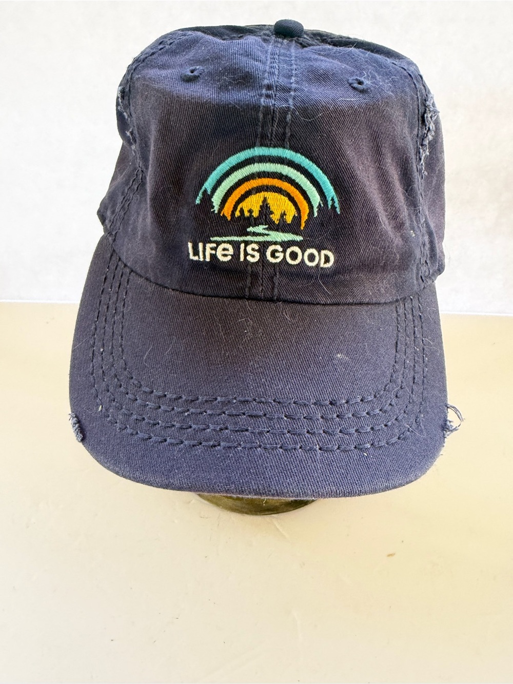 Life Is Good Ball Cap Hat Embroidered Rainbow Cotton Adjustable Blue Distressed